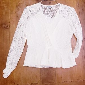 BEBE Lace faux wrap shirt